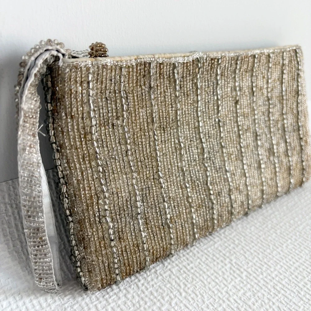 Vintage Wristlet Beaded Evening Clutch Bag Small Champagne Silver